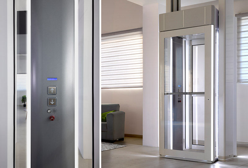 Photo of recessed lighting in the Savaria Luma through-floor lift with close up shot of panels and overview shot of the lift