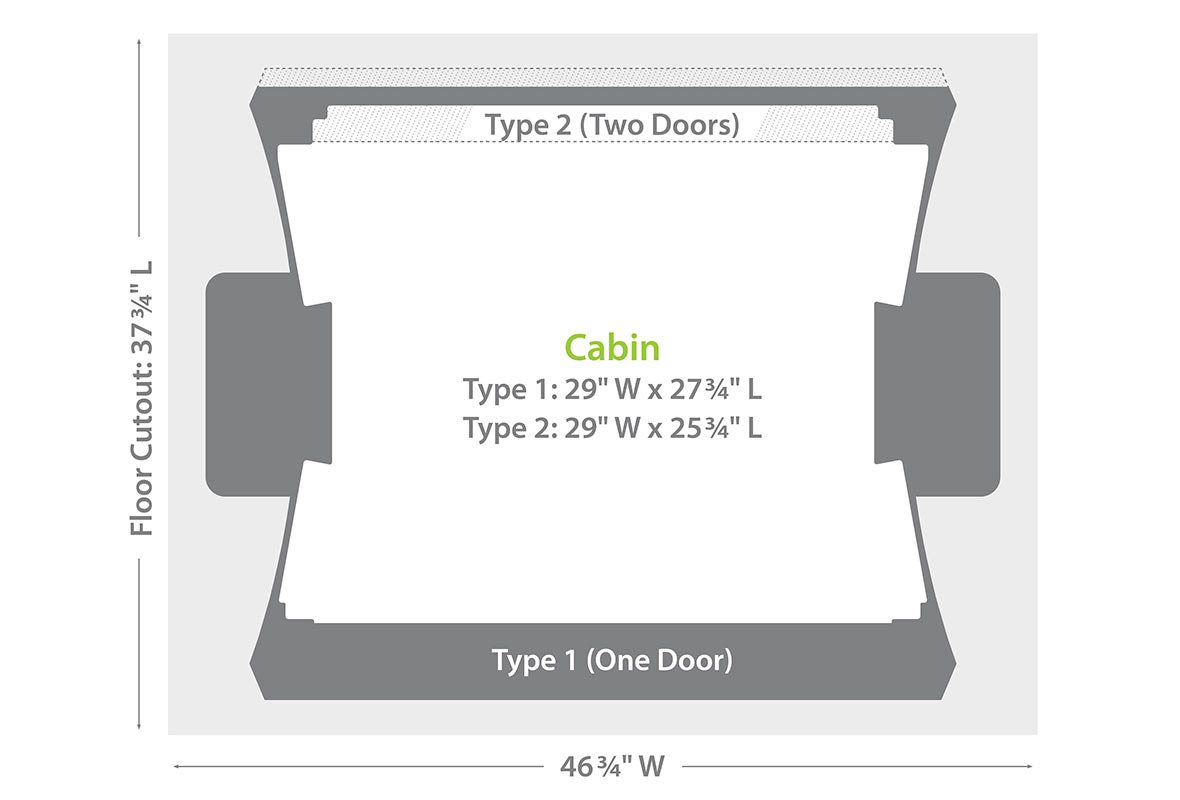 Drawing of optional two-door model for Savaria Luma through-floor lift that reads 'Type 1 (One Door): 29.1W x 27.8L, Type 2 (Two Doors): 29.1W x 25.8L)