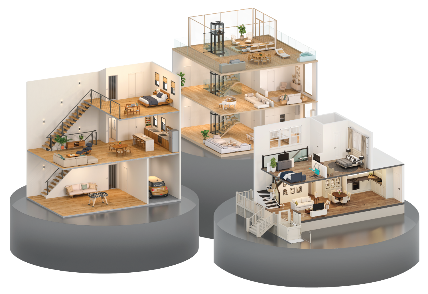 Savaria home pods showing various accessibility and patient care products including Vuelift and traditional home elevators, a curved stairlift, and a wheelchair lift.