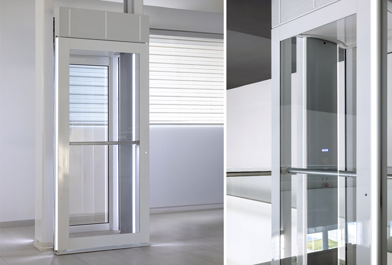 Overview shot of Savaria Luma through-floor lift and close up of clear panels