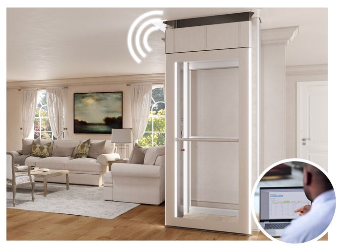Savaria Luma lift with Wi-Fi icon and a pop-up image of a dealer on the computer