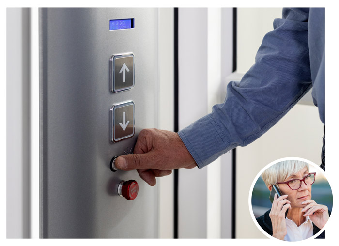 man pressing One Touch Alert button inside Luma through-floor lift and pop up image of elderly woman looking concerned on the phone